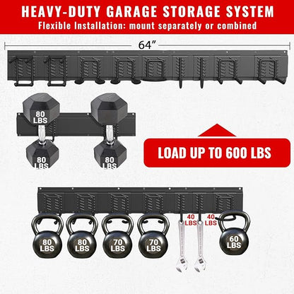 Garage Tool Organizer Wall Mount, Easy to 64inch Install Heavy-Duty Garage Storage System with Adjustable 9 Hooks, Garden Tool Rack for Shovels, Rakes, Yard Tools