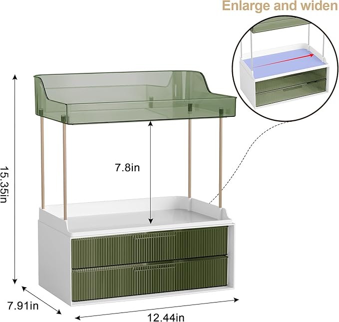 Bathroom Countertop Organizer with 2-Drawer, 3 Tier Makeup Organizer for Vanity, Large Multi-Purpose Makeup Skin Care Organizer for Vanity, Dark Green