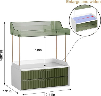 Bathroom Countertop Organizer with 2-Drawer, 3 Tier Makeup Organizer for Vanity, Large Multi-Purpose Makeup Skin Care Organizer for Vanity, Dark Green