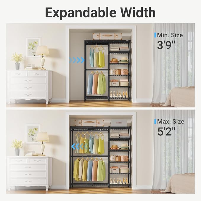 VIPEK X2 Plus Expandable Heavy Duty Clothes Rack Adjustable from 3'9"-5'2" Portable Reach-in & Walk-in Closet Rack System with Flexible Shelves and Hanger Rods Clothing Rack for Hanging Clothes, Black