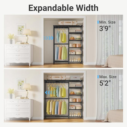 VIPEK X2 Plus Expandable Heavy Duty Clothes Rack Adjustable from 3'9"-5'2" Portable Reach-in & Walk-in Closet Rack System with Flexible Shelves and Hanger Rods Clothing Rack for Hanging Clothes, Black