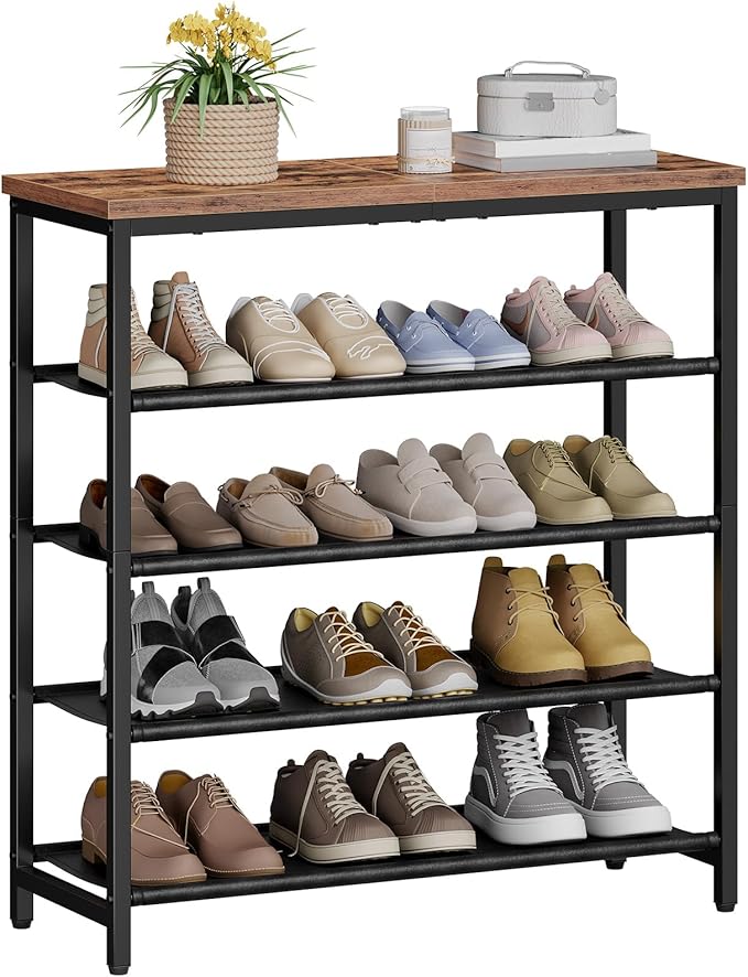 HOOBRO Shoe Rack with 4 PU Shelves, 5-Tier Shoe Storage Organizer for Closet and Entryway, Holds 12-16 Pairs of Shoes, Sturdy Metal Frame, Small Spaces, Rustic Brown and Black BF95XJ01