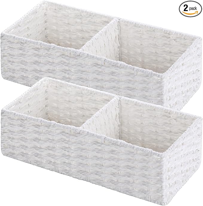 Vagusicc 2 Section Wicker Storage Basket, Wicker Baskets for Storage, Toilet Paper Basket for Toilet Tank Top, Small Wicke Baskets for Organizing Shelves, 2-Pack, White