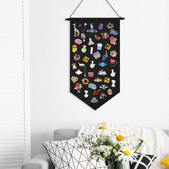 Kunyeah Wall Hanging Brooch Organizer Storage Case Colorful Canvas Pin Board Stand Enamel Pin Badge Hanging Holder Display Banner Earrings Collection Holder - Pins No Included (Black)