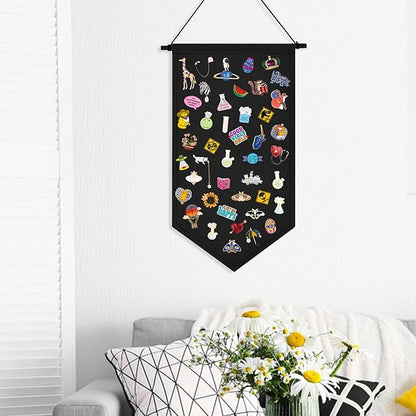 Kunyeah Wall Hanging Brooch Organizer Storage Case Colorful Canvas Pin Board Stand Enamel Pin Badge Hanging Holder Display Banner Earrings Collection Holder - Pins No Included (Black)