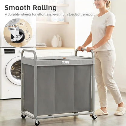 STORAGE MANIAC 3 Section Laundry Sorter, 60 Gal. Laundry Hamper Cart with Heavy Duty Rolling Lockable Wheels and Removable Bags, Clothes Organizer Basket Clothes Separator Hamper, Gray with Lid
