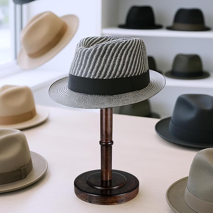 Ptwola Freestanding Vintage Cowboy Hat Stand, Wood Rustic Brown Tabletop Hat Rack Caps Wig Organizer Display Holder with 5.1" Dome Shape Retention for Dresser Closet Desktop Store Home Decor