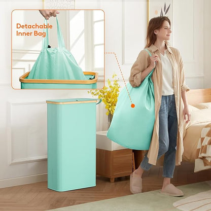 Lifewit 65L Slim Laundry Hamper with Lid, Narrow Laundry Basket with Removable Bag & Bamboo Handles, Fodable Thin Dirty Clothes Hamper for Laundry Collapsible Bin for Bathroom Bedroom Dorm, Sage Green