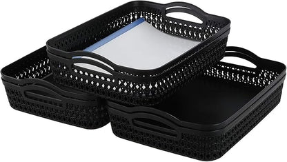 Large Plastic Shallow Storage Baskets Trays, Plastic A4 Desktop Basket, Black, 6 Packs