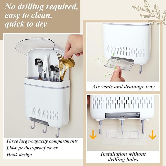 Sliner Wall Mount Utensil Rack Holder with Lid and Hook Waterproof Compartmental Storage Caddy Cutlery Drainer with Cover Detachable Kitchen Hanging Chopstick Silverware Organizer Moonlight White