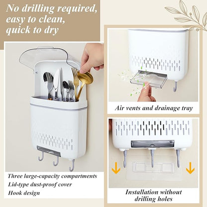 Sliner Wall Mount Utensil Rack Holder with Lid and Hook Waterproof Compartmental Storage Caddy Cutlery Drainer with Cover Detachable Kitchen Hanging Chopstick Silverware Organizer Moonlight White