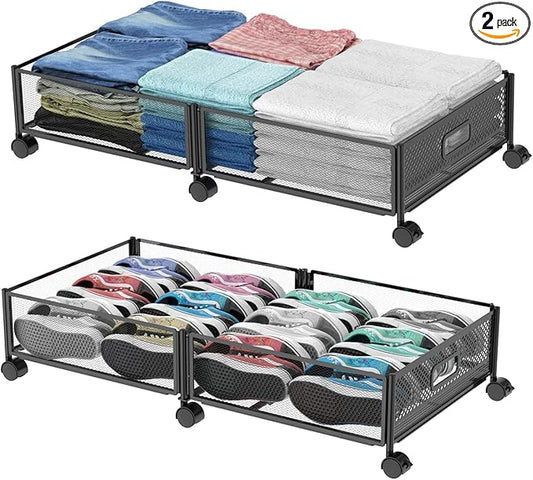 Under Bed Storage with Wheels, 31.5in / 35L Large Rolling Underbed Storage, Underbed Drawer on Wheels, Tool-free Assembly Metal Under Bed Drawers Organizer Container for Bedroom Shoes Clothes Toys