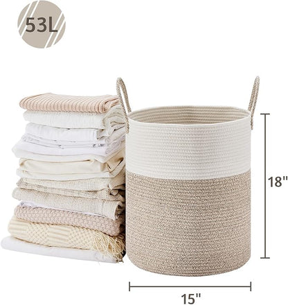 VIPOSCO Large Laundry Hamper, Tall Woven Rope Storage Basket for Blanket, Toys, Dirty Clothes in Living Room, Bathroom, Bedroom - 53L White & Brown