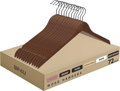 Premium Wooden Top Hangers, Heavy Duty Solid Wood Suit Hangers with 360° Swivel Hook & Anti-Slip Notches, Durable Clothes Hangers for Jackets, Coats, Shirts & Dresses(Walnut/72-Pack)