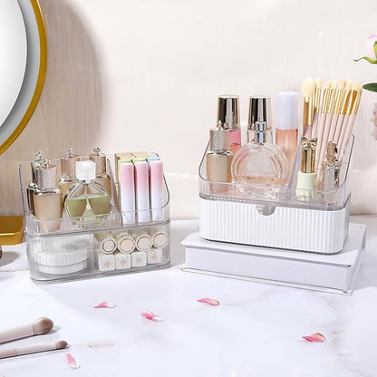 DASITON Makeup Organizer with Drawers, 2 Tier Stackable Organizer for Cosmetics, Skincare, Lipsticks, Makeup Brush, Acrylic Small Makeup Organizers for Vanity Bathroom Countertop Desk Storage (White)
