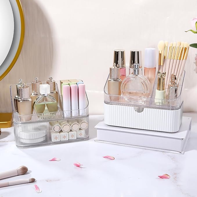 DASITON Makeup Organizer with Drawers, 2 Tier Stackable Organizer for Cosmetics, Skincare, Lipsticks, Makeup Brush, Acrylic Small Makeup Organizers for Vanity Bathroom Countertop Desk Storage (Clear)