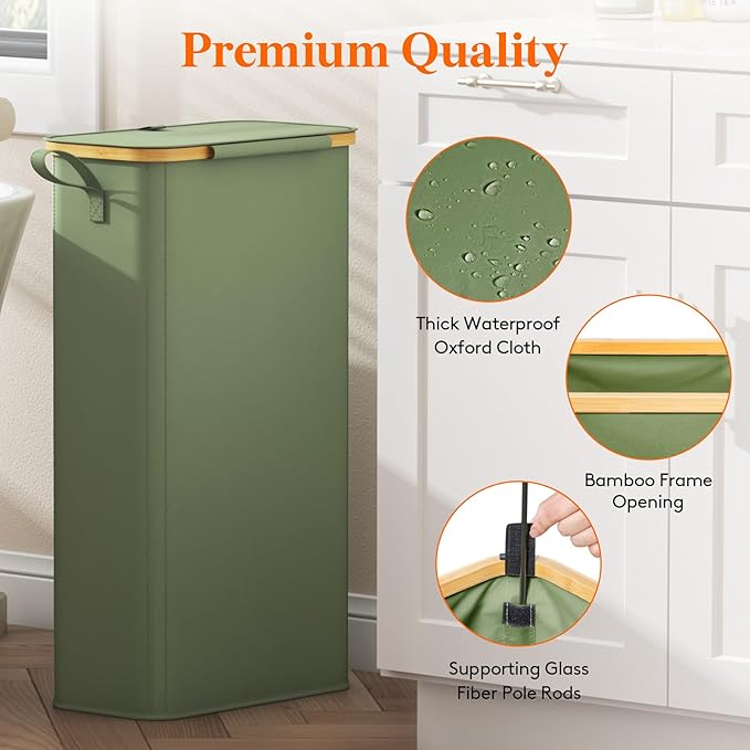 Lifewit 65L Slim Laundry Hamper with Lid, Narrow Laundry Basket with Removable Bag & Bamboo Handles, Fodable Thin Dirty Clothes Hamper for Laundry Collapsible Bin for Bathroom Bedroom Dorm, Green