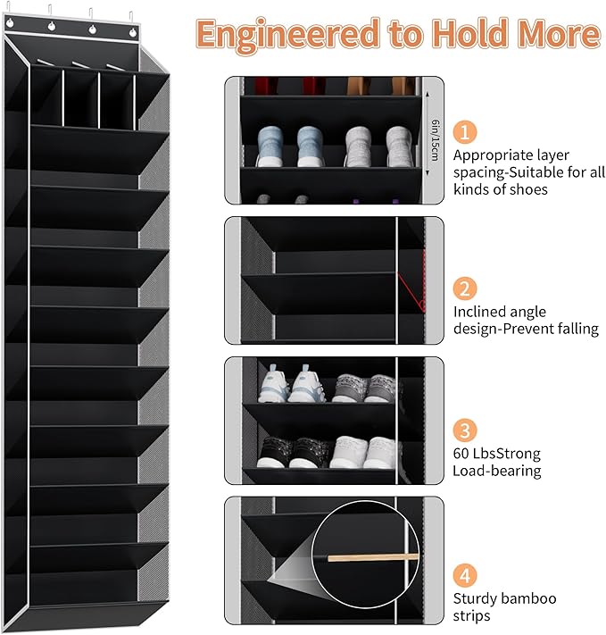 KYEVIS 10-Tier Large Size Over the Door Shoe Organizer, 20 Pairs Hanging Shoe Rack for Closet with Deep Pockets, Space-Saving Storage for Sneakers, Boots Heels (Black)