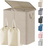 Lifewit Double Laundry Hamper with Lid and Removable Laundry Bags, Large Collapsible 2 Dividers Dirty Clothes Basket with Handles for Bedroom Laundry Room Closet Bathroom College, 155L Beige