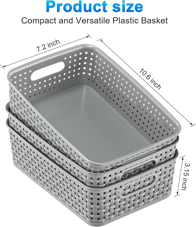 12 Pack Plastic Storage Baskets, Small Baskets for Organizing, Plastic Storage Bins Wicker Pantry Organizer Bins Household Toys for Laundry Room, Bedrooms, Kitchens, Cabinets, Countertops