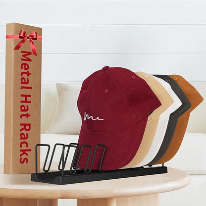 7-Cap Baseball Hat Organizer & Storage | Tabletop Metal Hat Rack Stand for Closet, Dresser, Vanity | Snap Assembly Cap Holder, Black Space-Saving