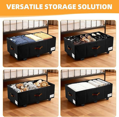 Under Bed Storage with Wheels,Underbed Storage with Sturdy Sidewalls/Bottom, Clear Cover, Label and PU Handle, Rolling Under Bed Drawers for Clothes, Shoes, 11 Inch Height,Black, 4 Pack