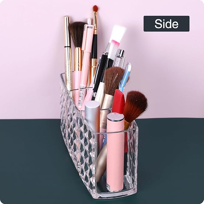 MOSIKER Makeup Brush Holder for Vanity,Acrylic Clear Small Compact Nail Hair Lip Liner Brush Pen Organizer with 3 Slots