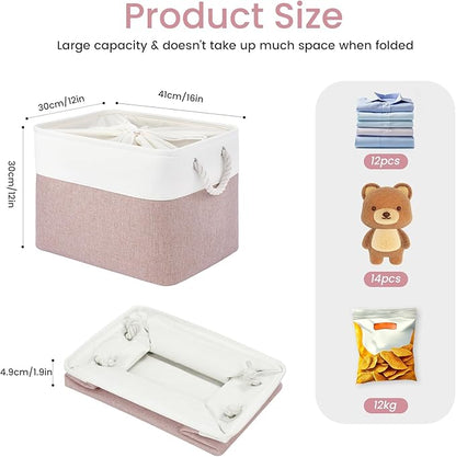 Large Storage Baskets- 16x12x12 inch Storage Bins for Shelves and Closet Organizing, Foldable Fabric Bin for Home Organization Clothes and Laundry (3-Pack, White&Pink)