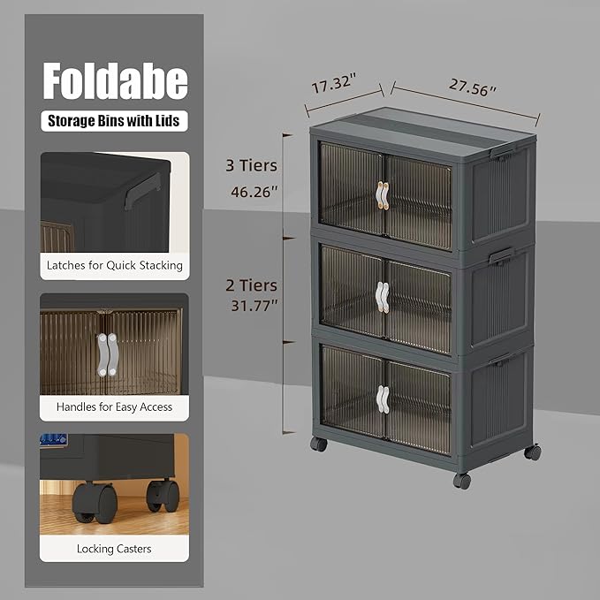 131QT Stackable Storage Bins with Lid & Door, 32 Gal Collapsible Plastic Storage Containers with Locking Wheel, Space Saving Foldable Organizer for Home Bedroom Office Gray 3T