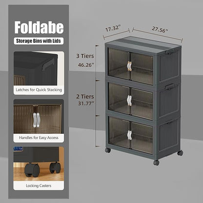 131QT Stackable Storage Bins with Lid & Door, 32 Gal Collapsible Plastic Storage Containers with Locking Wheel, Space Saving Foldable Organizer for Home Bedroom Office Gray 3T