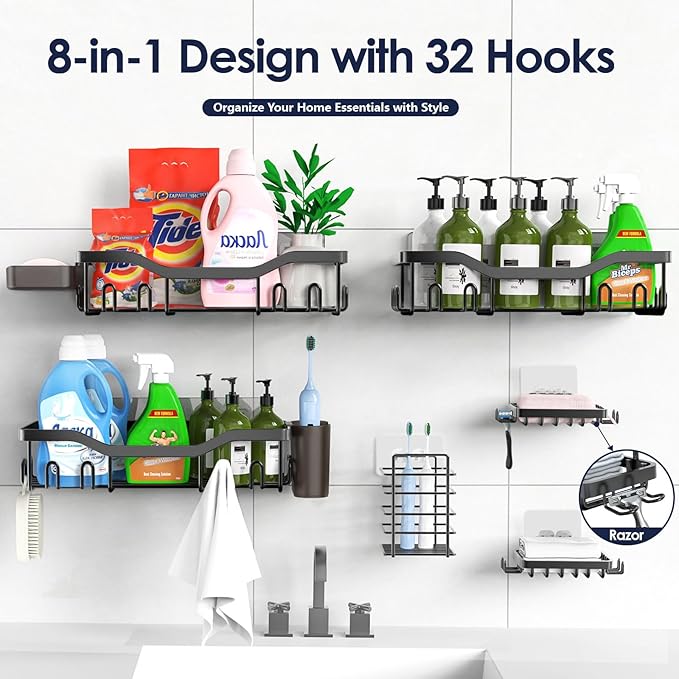 NESOMI Shower Caddy Adhesive Shower Organizer 8-Pack, Rustproof Stainless Steel Bathroom Shelves, Large Capacity No-Drill Rack Storage Accessories with Soap Dish Toothbrush Holder Hooks
