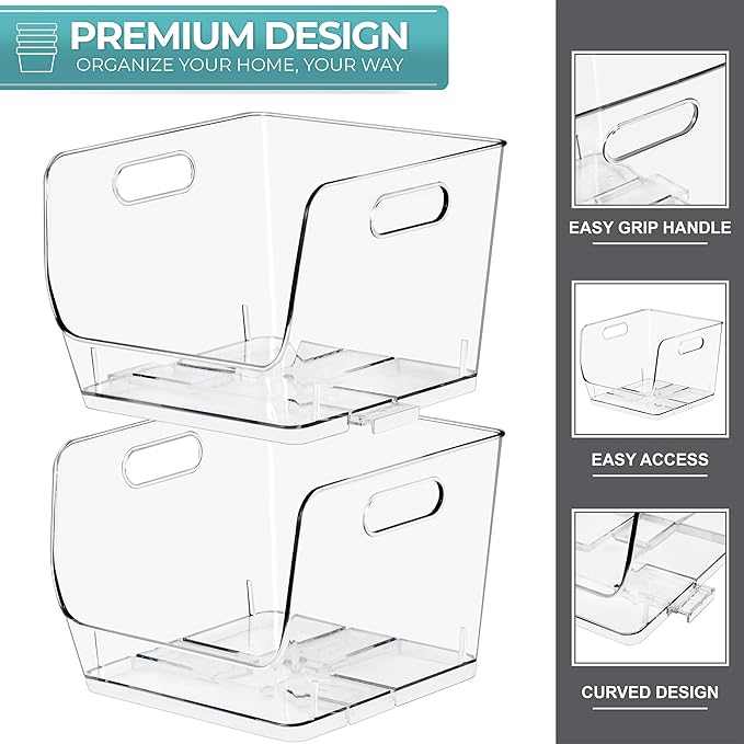 Sorbus Stackable Storage Bins Open Front, Clear Stackable Storage Bins, Pantry Bins for Storage and Organization, Acrylic Stackable Bins for Kitchen, Clear Pantry Organizer Bins (Medium Sqware 8 Pack)