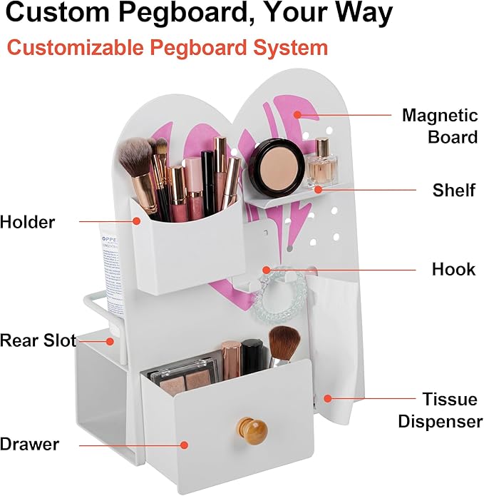 Magnetic Pegboard Organizer for Office Desk, Makeup Vanity, Stationery Storage, Gaming Desktop with 4 Metal Accessories Drawer Holder Hooks Modular - Home Decor Tabletop Display Kids Room - White