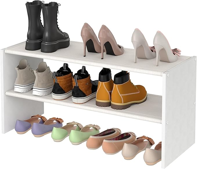 Cidaziya 2 Tier Small White Shoe Rack for Closet, Stackable Shoe Shelf Organizer for 9-12 Pairs of Shoes, Portable Wood and Cloth Structure, Small Shoe Storage Organizer, Size 28.5"* 11" * 13"