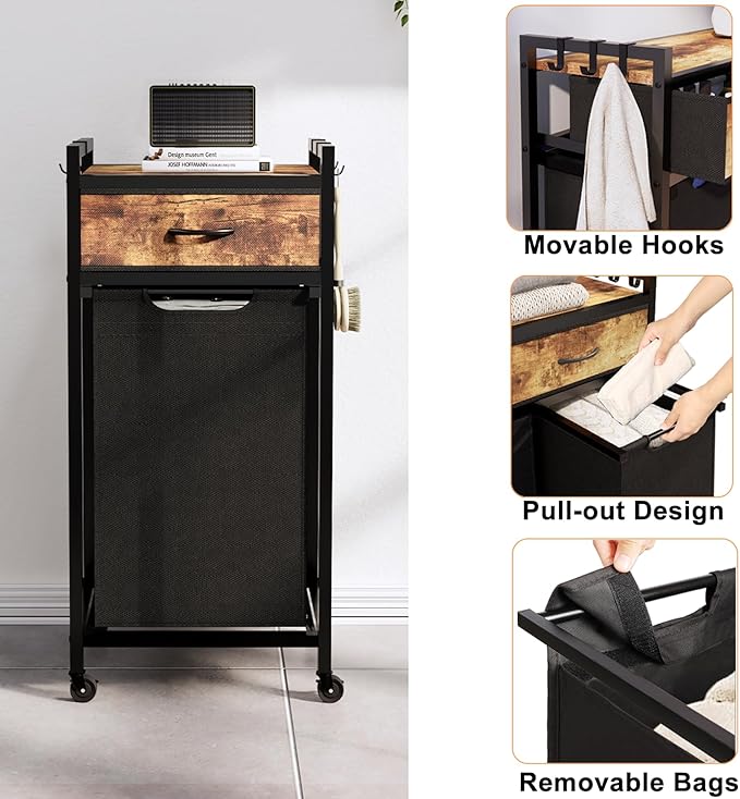 Timberer Laundry Hamper, Laundry Sorter, Rolling Laundry Basket with Drawer, 18 Gal (68 L), Pull-Out and Removable Oxford Fabric Bags, Black and Rustic Brown