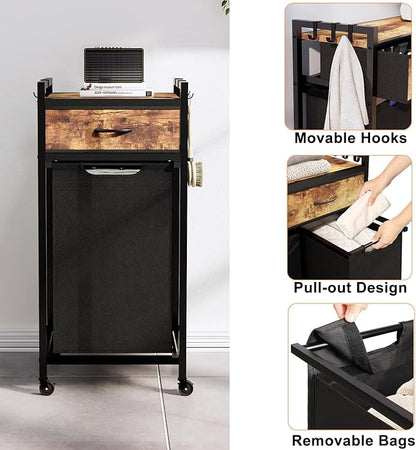 Timberer Laundry Hamper, Laundry Sorter, Rolling Laundry Basket with Drawer, 18 Gal (68 L), Pull-Out and Removable Oxford Fabric Bags, Black and Rustic Brown