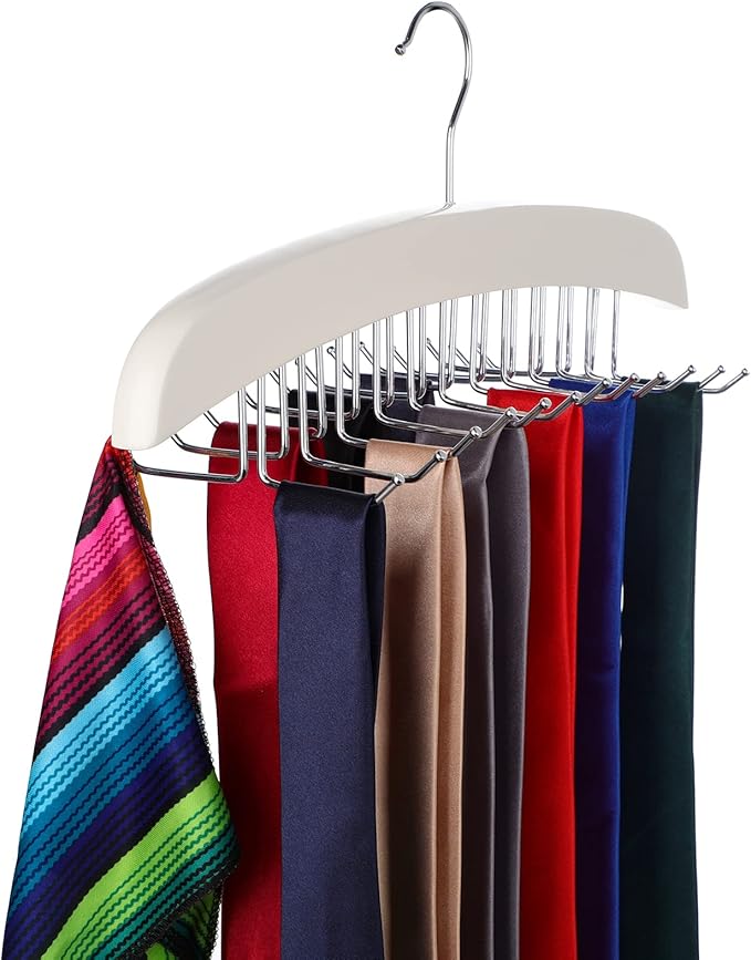 Jetec 2 Pieces Tie Rack Tie Hanger 24 Hooks Wooden Tie Rack Hanger for Closet 360 Degree Rotating Belt Holder Tie Organizer for Men Women Bras Tank Tops Camisoles(White)