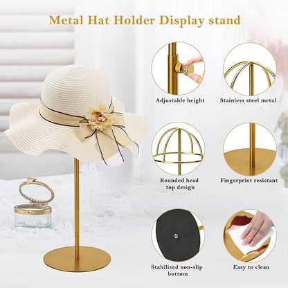 Hat Display Stand Titanium Gold Hat Stand, Set of 2, Height Adjustable Cap Rack Display, Fingerprint Resistant Durable Stainless Steel Tabletop Cowboy Hat Holder Stands for Vendors Closet (RCS 50% Recycled Post-consumer Metal)