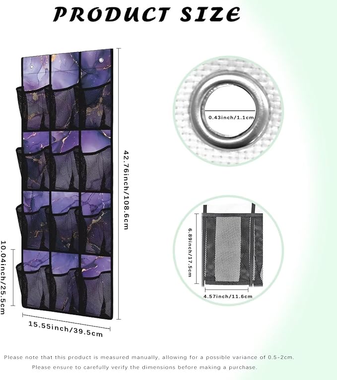 Violet Door Hanger Organizer Mesh Pockets Behind The Door Organizer for School Supplies Storage Marble Shoe Holder Hanger with Hook Design 12 Pockets Wall Hanging Storage
