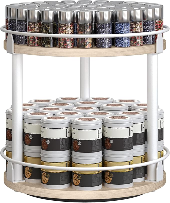 YATINEY Lazy Susan Organizer, Rotating Spice Rack, 2 Tier Spice Turntable Organizer, Industrial Turntable Spice Holder, for Kitchen Countertop, Compact and Versatile, White and Light Oak SR22WG