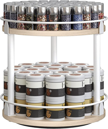 YATINEY Lazy Susan Organizer, Rotating Spice Rack, 2 Tier Spice Turntable Organizer, Industrial Turntable Spice Holder, for Kitchen Countertop, Compact and Versatile, White and Light Oak SR22WG