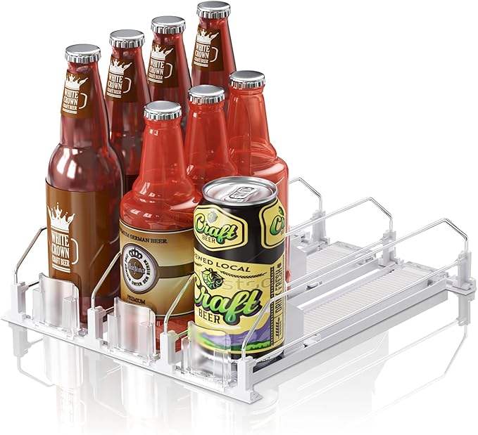 Drink Organizer for Mini Fridge (Fits Depth ≥ 12.2"), 12oz 16oz 20oz Soda Can Dispenser, Width Adjustable Automatic Pusher Glide, 12.2" D 3ROW Holds 12 Cans, White