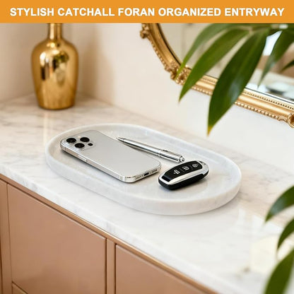 Pure Natural Marble Tray for Bathroom, Dresser, Sink. Cosmetics, toiletries, perfumes, Jewelry, Candles, etc. can be Placed (White Jade, 12" x 8" x 0.7")