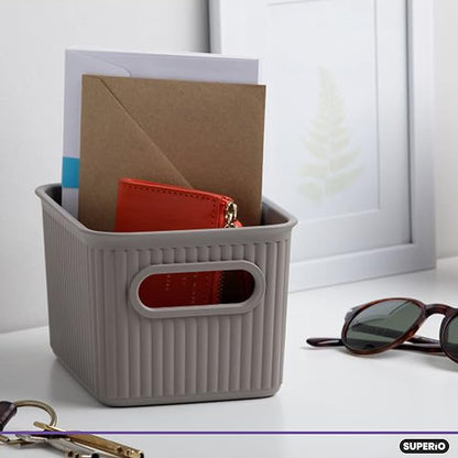 Decorative Plastic Basket Open Home Storage Bins Organizer Baskets, Small Taupe (4 Pack) Container Boxes for Organizing Closet Storage Bins for Shelves Drawer Shelf - Ribbed Collection 1.5 Liter