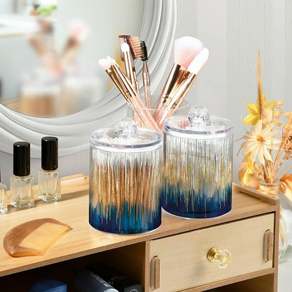 4 Pack Apothecary Jars with Lid, Gold & Blue, Qtip Holder Storage Jars for Cotton Swab, Cotton Round Pads, Clear Plastic Canisters for Bathroom Vanity Organization (10 Oz)