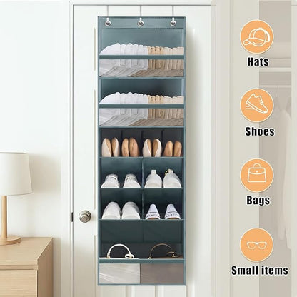 Over the Door Organizer with 6 Tiers & 11 Pockets – Multi-Purpose Hanging Door Organizer with Clear Pockets, Heavy Duty Space-Saving Closet Storage, Fits Shoes Hats Bags, Tool-Free Installation, Grey