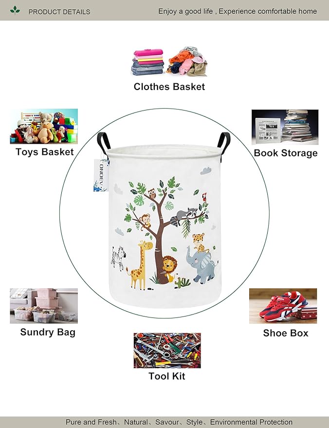 Round Animal Laundry Basket,Collapsible Laundry Hamper for Nursery,Cute Jungle Animal Toy Storage Bin for Kids,Waterproof Storage Basket for Home,Bedroom,Playroom,New Parent Gift (Tree Animals)