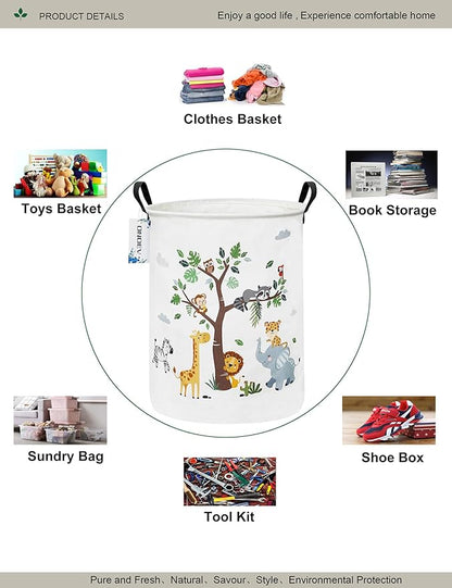 Round Animal Laundry Basket,Collapsible Laundry Hamper for Nursery,Cute Jungle Animal Toy Storage Bin for Kids,Waterproof Storage Basket for Home,Bedroom,Playroom,New Parent Gift (Tree Animals)