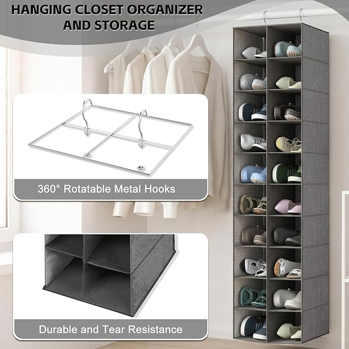 Hanging Shoe Organizer for Closet, 20 Sections Hanging Closet Organizer and Storage Shelves, Space Saving Shoe Rack for Closet, Grey, 12''W×12''Dx 50''H