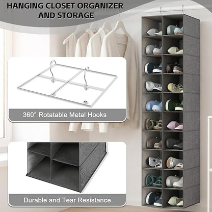 Hanging Shoe Organizer for Closet, 20 Sections Hanging Closet Organizer and Storage Shelves, Space Saving Shoe Rack for Closet, Grey, 12''W×12''Dx 50''H